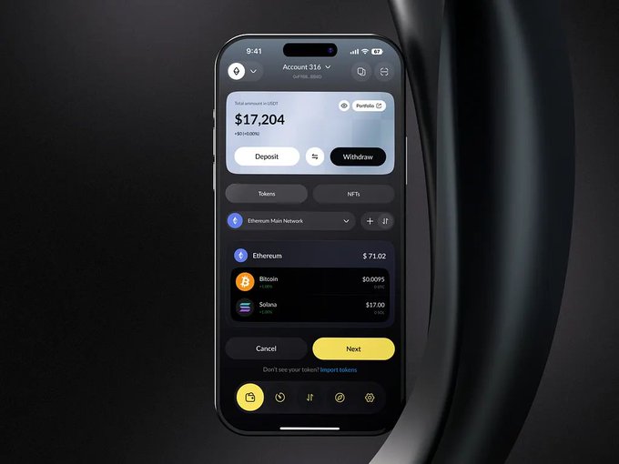 A sleek smartphone displays a minimal crypto wallet interface showing a total balance of $17,204 USDT across Account 316, with Ethereum ($71.02), Bitcoin ($0.0093), and Solana ($17.50) listed on the Ethereum Main Network alongside Deposit, Withdraw, and token import options.