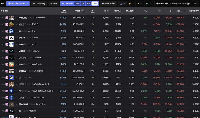 A cryptocurrency tracking website displays a list of meme coins including PANCHU, SOLD, AI, KAIRO, and others, showing significant 24-hour price drops under the "Gainers" tab.