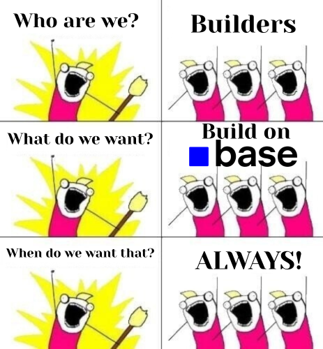 The image shows a cartoon depiction of three people with different colored shirts - pink, yellow, and white. The cartoon represents the concept of Build-On-Base, which is an optimization technique used by developers for microtransactions. The cartoon illustrates this concept through the use of three different scenarios involving the characters' emotions and actions. In each scenario, a character's face shows excitement or surprise as they discover the benefits of using Build-On-Base to optimize their transactions.