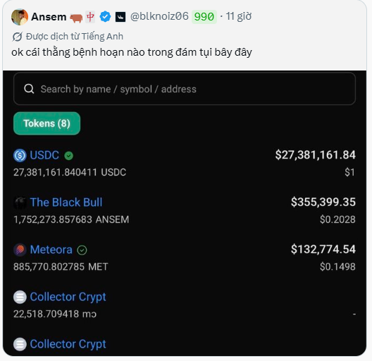 A tweet from Ansem (@blknoiz06) in Vietnamese asking about disease/cure tokens in a wallet that holds USDC ($27.3M), The Black Bull (ANSEM), Meteora (MET), and Collector Crypt tokens.