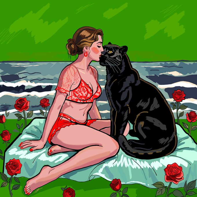 An illustration of a woman in a red bikini kissing a black panther while sitting on a towel surrounded by red roses near the ocean.