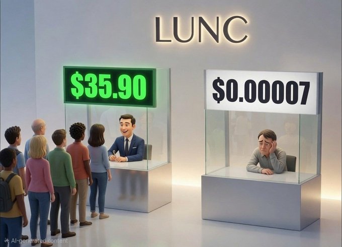 The image depicts a crowd of people standing around two glass display cases, one displaying a $35.90 price tag for an item and the other displaying a $0.00 price tag for another item. A third person can be seen sitting inside the display case without a price attached to it. The post suggests that if someone purchases the first item at its listed price of $35.90, they should also purchase the second item at $0.00 or sell one of their items in the current setting before the cycle begins again and start purchasing the third item at $0.25.