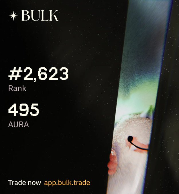 A promotional graphic for BULK displays rank #2,623 and 495 AURA, featuring a small plush character peeking from behind a dark curtain, with "Trade now app.bulk.trade" at the bottom.