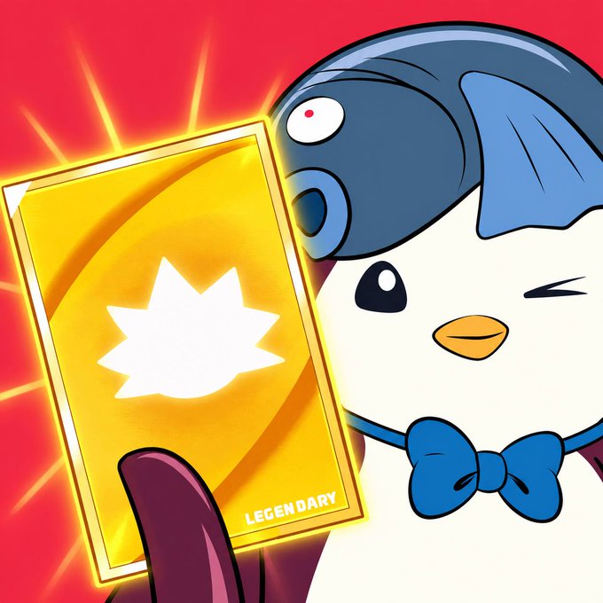 A cartoon penguin character wearing a blue bow tie and fish hat holds up a glowing golden card with a white starburst emblem labeled "LEGENDARY" against a red background.
