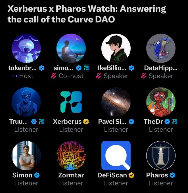 A Discord-style event interface titled 'Xerberus x Pharos Watch: Answering the call of the Curve DAO' showing participants including tokenbr..., simo..., IkeBillio... (Host/Co-host/Speakers) and various Listeners.
