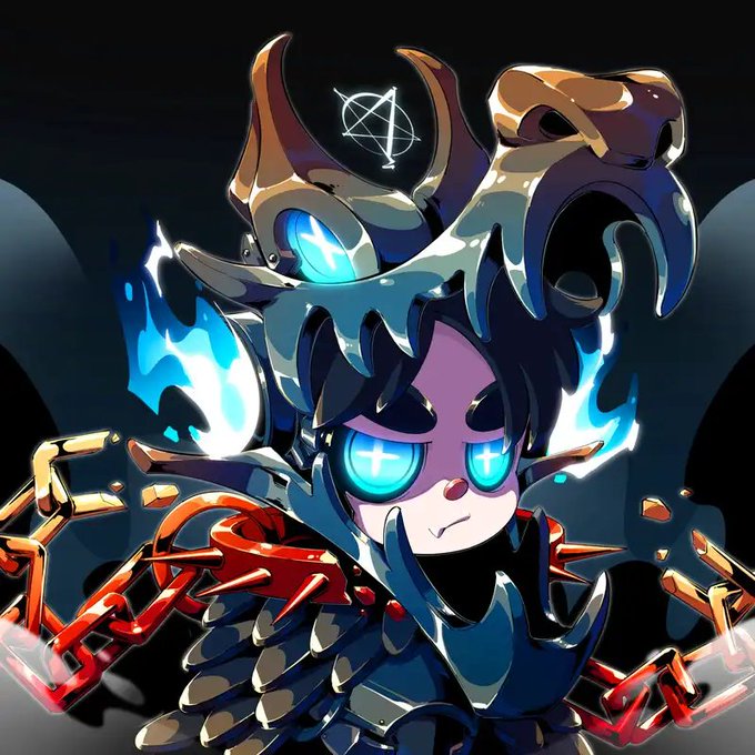 A dark, edgy illustration of a stylized chibi character with glowing blue eyes, wearing spiked armor and chains, set against a black background.