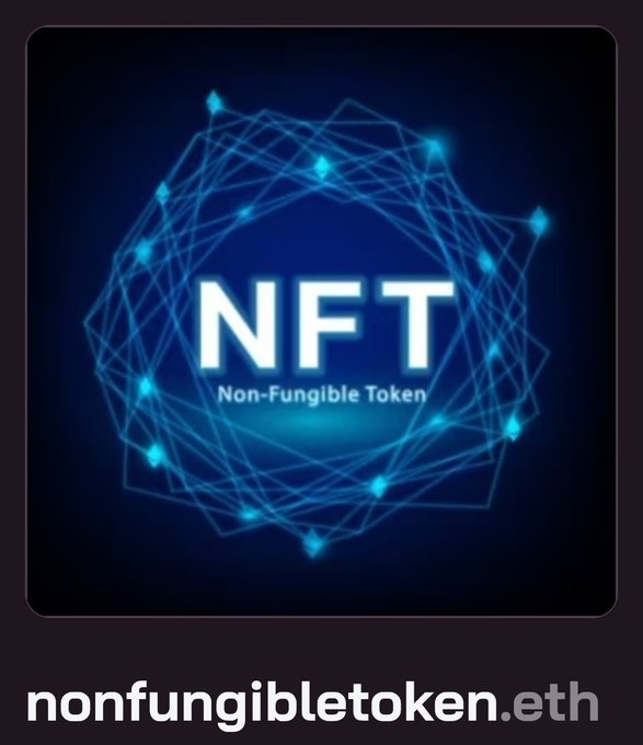 NFT (Non-Fungible Token) logo graphic featuring the letters 'NFT' surrounded by a glowing blue geometric network design, with the domain 'nonfungibletoken.eth' at the bottom.