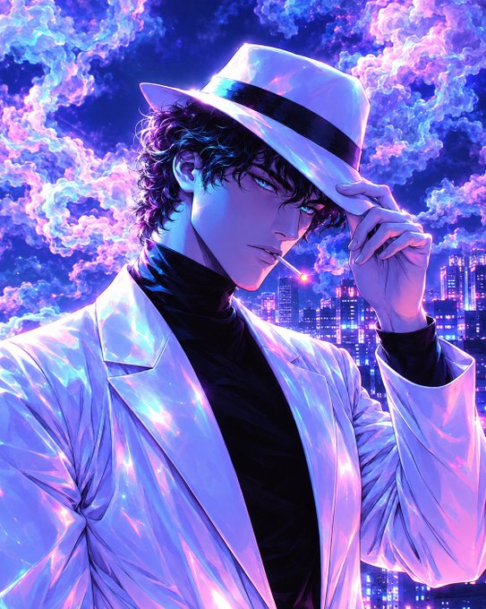 A vibrant anime-style digital artwork portrays a young man with dark hair, wearing a white fedora and white jacket over a black turtleneck, holding a cigarette against a neon-lit purple and blue cityscape background.