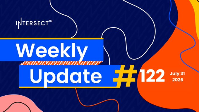 A vibrant promotional graphic for "Intersect™ Weekly Update #122" dated July 31, 2026, featuring bold blue banners with the issue title set against a dynamic background of flowing orange, pink, and white abstract shapes on dark blue, visually announcing the latest edition covering topics like Dijkstra era planning, new minPoolCost and Plutus memory actions, and the Eryx ZK Bridge completion.