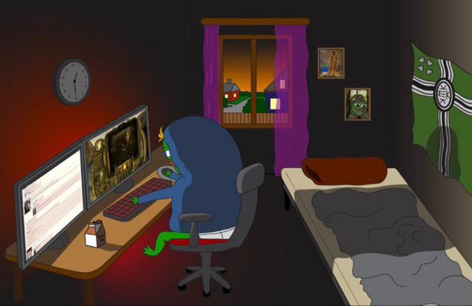 A cartoon illustration of a green-skinned character sitting at a dual-monitor gaming/computer setup in a bedroom with purple curtains, a bed, wall art, and a green flag.