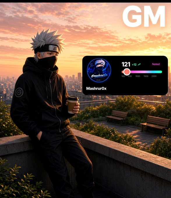 An anime-style artwork of a masked ninja character holding a coffee cup at sunset, with 'GM' in large letters and a profile card displaying 'Mashru0x' with a score of 121.