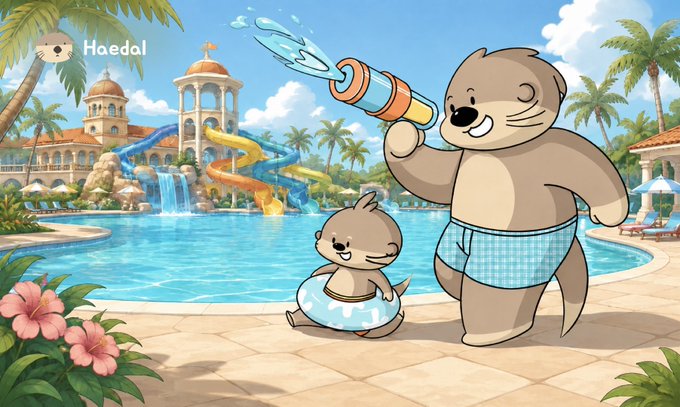 A cartoon illustration from 'Haedal' showing an adorable otter character and a baby otter in a floatie at a tropical resort pool, with the larger otter spraying water from a water gun.