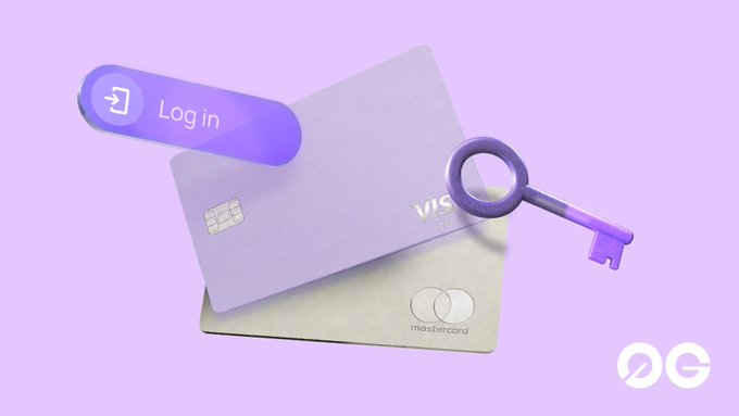 The image features a purple credit card with an access code, along with a key that matches the color of the credit card. The text "log in" is displayed above the credit card, indicating that the user needs to enter their login information to use the card. The background of the image is white and has a purple border.