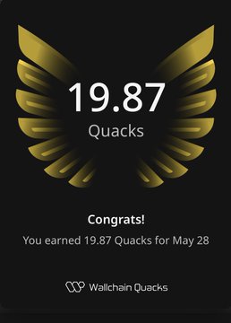 The image features an advertisement for an app called "@wallchain Quacks", which provides a reward system for users who engage with its content. The central focus of the image is a black and gold logo, accompanied by text that congratulates the user on their achievement. It seems they have earned 19.87 Quacks in one day. The caption reads: "Just earned 19.87 Quacks on @wallchain in one day Turn insights into rewards and climb the leaderboard Wallchain Quacks rewards meaningful support by giving contributors a reputation that grows alongside their impact". This app, according to the post description, allows users to share what they have learned or contributed for others to see, thereby fostering a sense of community among its users.