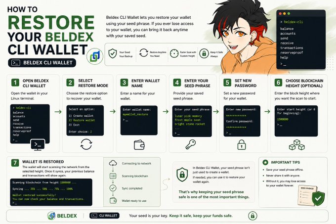 An infographic titled 'HOW TO RESTORE YOUR BELDEX CLI WALLET' showing the 7-step process with a cartoon character and terminal screenshots.
