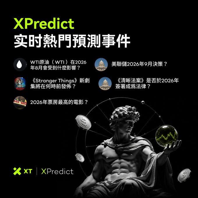 The image is a promotional graphic for XT's XPredict platform, featuring a black background with green and white text highlighting "实时热门预测事件" (Real-time Hot Prediction Events). It displays prediction market topics in Chinese—including questions about WTI crude oil prices in August 2026, the September 2026 Fed decision, the next season of *Stranger Things*, the CLARITY Act becoming law in 2026, and the highest-grossing film of 2026—accompanied by a classical statue holding a glowing orb surrounded by coins. The graphic aligns with the post by showcasing XT XPredict's global hot prediction markets where users can forecast trends across energy, monetary policy, entertainment, and legislation.