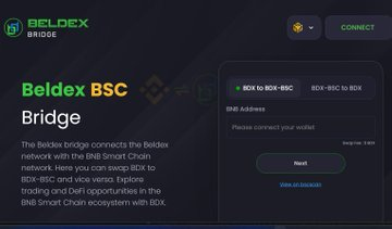 A webpage screenshot showing the 'Beldex BSC Bridge' interface, with text explaining it connects the Beldex network with the BNB Smart Chain for swapping BDX tokens, alongside a wallet connection prompt.