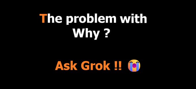 A black background with white and orange text reading 'The problem with Why ?' followed by 'Ask Grok !!' and a crying face emoji.