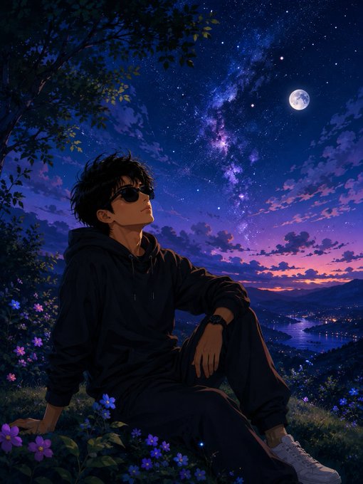 An anime-style illustration of a young man in a black hoodie and sunglasses sitting under a starry night sky with the Milky Way and a full moon visible.