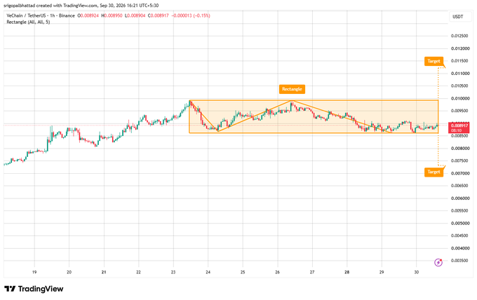 A TradingView chart of VeChain/TetherUS (VET/USDT) on Binance in a 1-hour timeframe, displaying a 'Rectangle' pattern analysis with target levels marked, created by user 'sirgioalbattad'.