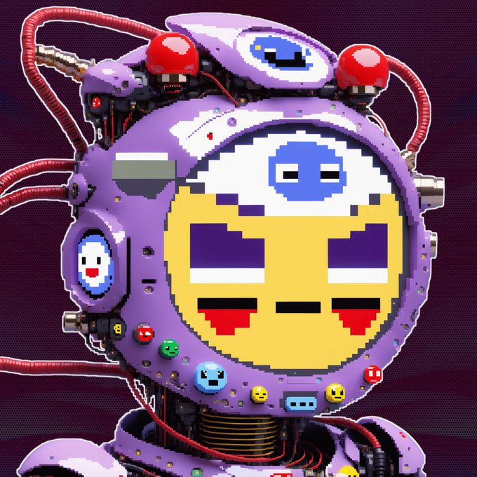 A purple robotic figure with an emoji-themed face featuring pixelated smiling, sleeping, and sad expressions, adorned with red cables and buttons, visually represents the playful and digital nature of the KOKOMOJI Fair Public Raffle event. The whimsical emoticons in the caption (ヽ(>∀<☆)ノ, ( •‌ᴗ•‌ )و, etc.) match the emoji aesthetic of the robot's face, reinforcing the fun, crypto-themed atmosphere of the 0.033 ETH Chainlink VRF-powered raffle.
