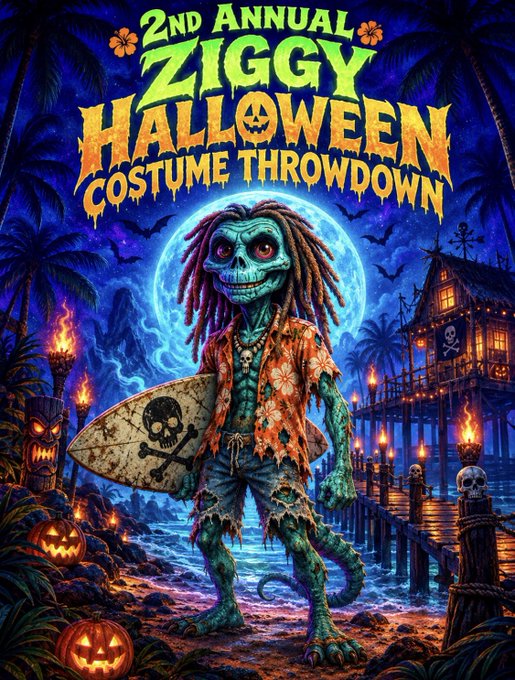A Halloween poster reads “2ND ANNUAL ZIGGY HALLOWEEN COSTUME THROWDOWN,” featuring a skeletal zombie-like character, pumpkins, bats, flames, a full moon, and a haunted house.