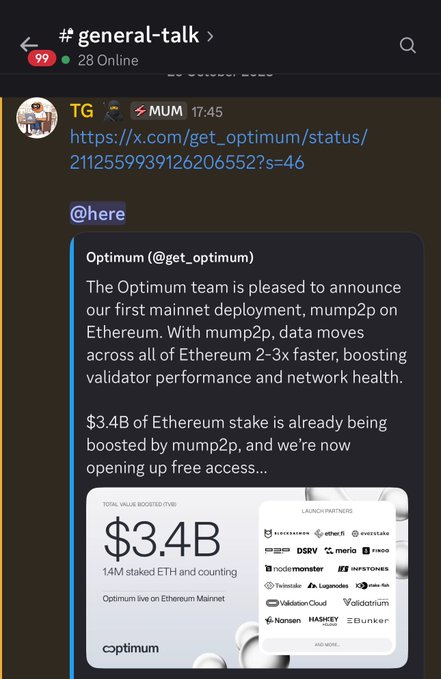 A Discord-style channel named “# general-talk” shows a post linking to an Optimium announcement, with a preview stating that Optimium’s first mainnet deployment, “mump2p” on Ethereum, aims to move Ethereum data faster and already has $3.4B of ETH staked.