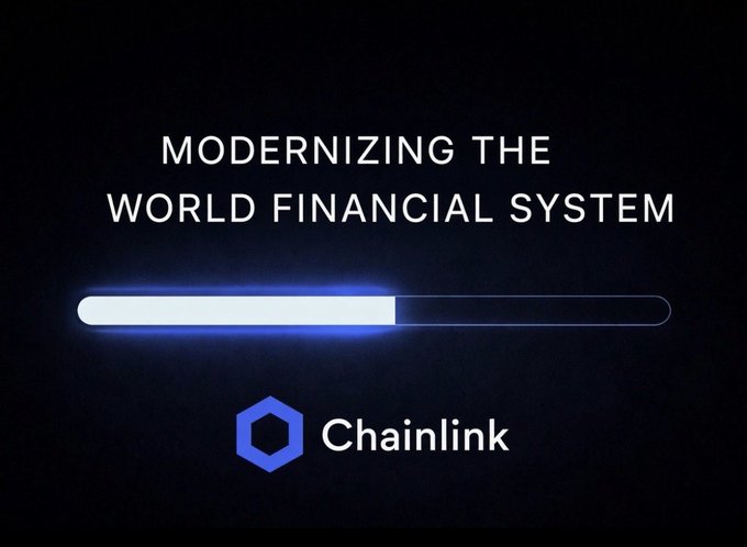 A Chainlink promotional slide with the text 'MODERNIZING THE WORLD FINANCIAL SYSTEM' displayed above a glowing progress bar on a dark background.