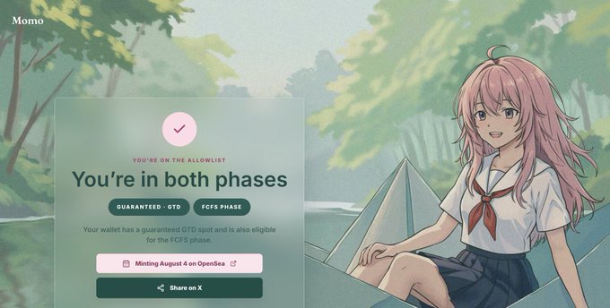 An anime-style illustration of a pink-haired girl in a paper boat in a forest setting, with a notification overlay reading "YOU'RE ON THE ALLOWLIST - You're in both phases" showing guaranteed GTD and FCFS phase eligibility, with buttons to "Minting August 4 on OpenSea" and "Share on X," labeled "Momo."