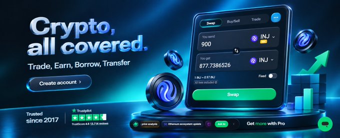 A promotional banner for a cryptocurrency trading platform with the headline 'Crypto, all covered.' and tagline 'Trade, Earn, Borrow, Transfer,' featuring a mobile app interface showing a swap of 900 INJ for 877.738652 INJ at a rate of 1 INJ = 0.97 INJ, with 'Trusted since 2017' and a Trustpilot rating of 4.9 stars displayed at the bottom.