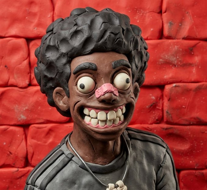 A claymation-style figure with wide eyes, a big toothy grin, and an afro stands against a red brick background, perfectly capturing the chaotic energy and eager optimism behind the crypto slang "gm" and "wagmi" (we're all gonna make it).