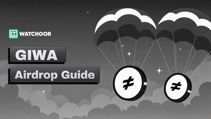 A graphic for a 'WATCHOOR GIWA Airdrop Guide' featuring black and white parachutes with ZCASH (ZEC) tokens descending from a cloudy sky.