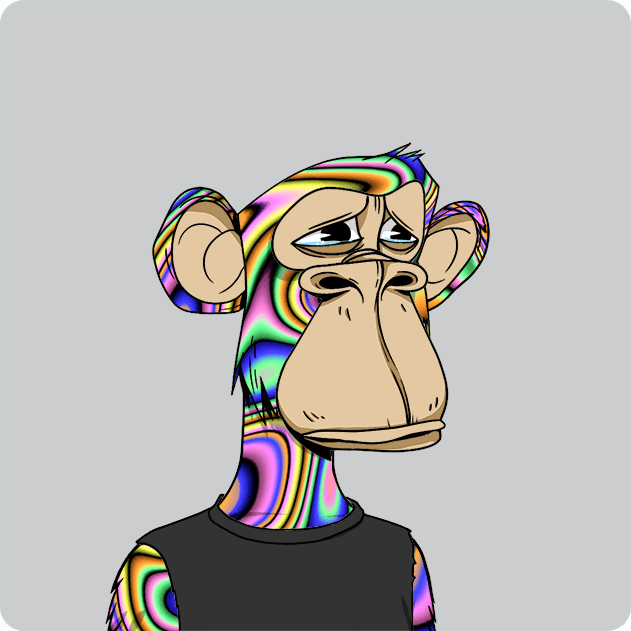 A digital illustration of a Bored Ape-style NFT character with a colorful psychedelic pattern on its fur, wearing a black shirt, with a sad expression on a light gray background.