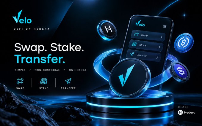 Promotional graphic for Velo, a DeFi platform on Hedera, featuring a phone interface with Swap, Stake, and Transfer options alongside Hedera (HBAR), USDC, and other crypto tokens.