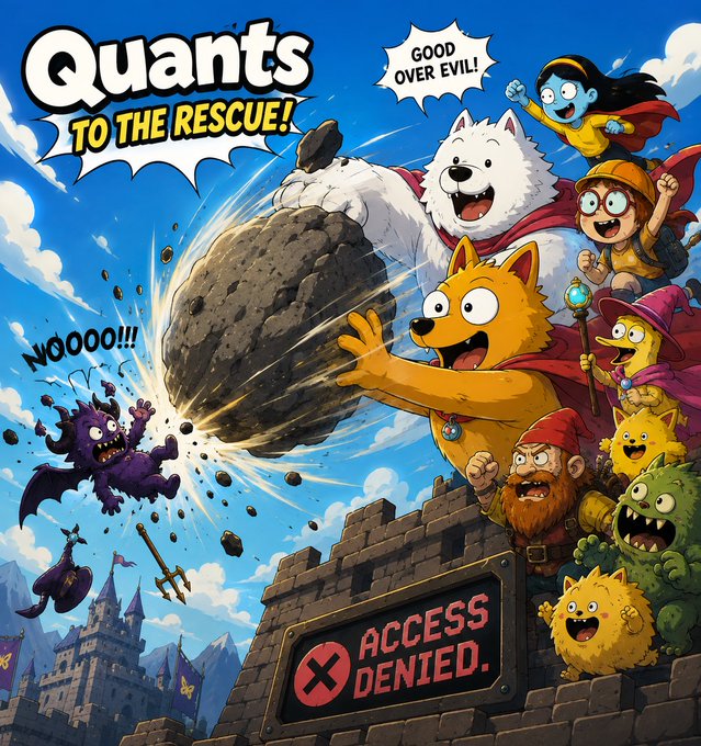 The image, titled "Quants to the Rescue!" in comic-style lettering, depicts a heroic team of colorful characters—including a large white dog, a yellow dog with a cape, a wizard, a gnome, and other fantasy figures—jointly hurling a massive boulder at a terrified purple monster shouting "NOOOO!!!" while another villain cries "Good over Evil!" The scene ties into the post's theme by showing "Good" (the Quants team) triumphing over "Evil" (the monsters) through decisive action, reinforced by an "Access Denied" sign, symbolizing how Quant Intelligence blocks threats at the gate.