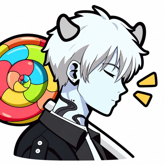 An anime-style illustration of a character with white hair, bear-like ears, and pale blue-tinted skin, shown in profile with eyes closed next to a large colorful swirled lollipop.
