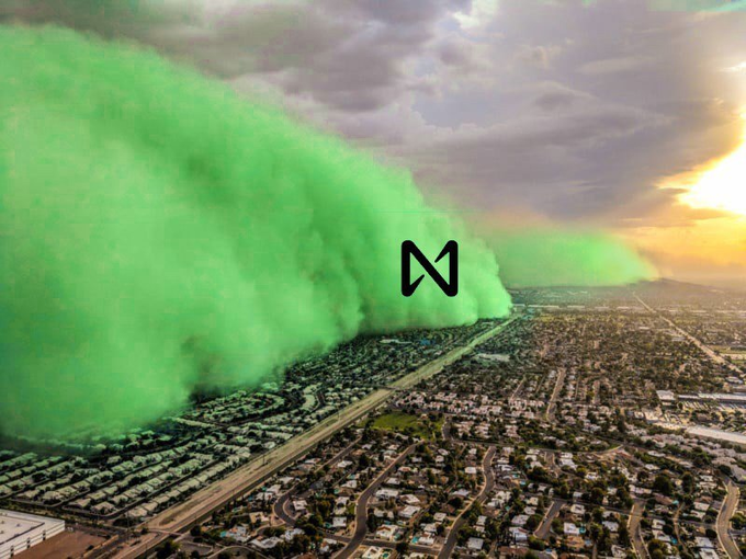 An aerial view of a city being engulfed by a massive green dust or smoke cloud, with the 'N' logo for Near Protocol superimposed in the center.