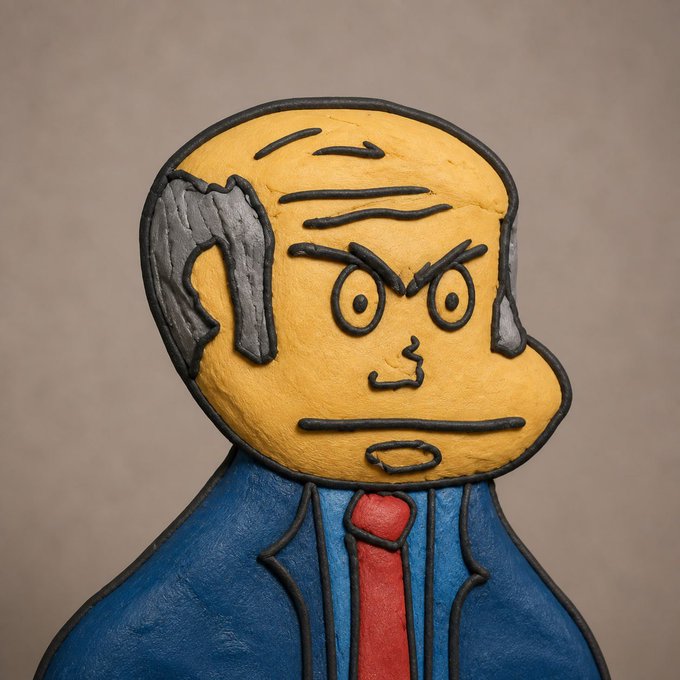 A stylized, textured illustration of a yellow-skinned character with gray hair, furrowed brows, and a stern expression, wearing a blue suit jacket and red tie against a beige background.