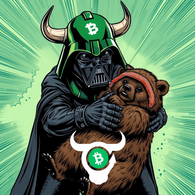 A pop-art style illustration of a green Bitcoin-themed Darth Vader embracing a bear, symbolizing a crypto bull run.