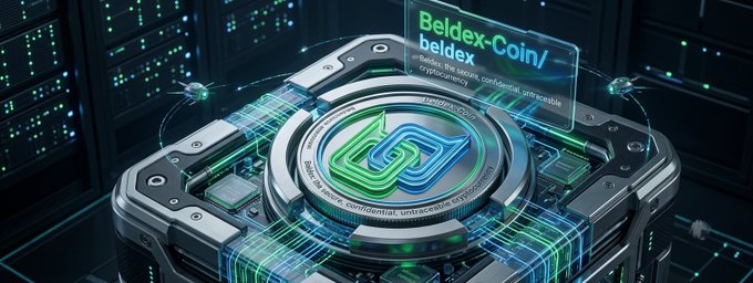 A 3D rendered digital advertisement for 'Beldex-Coin / beldex' cryptocurrency, featuring a glowing green and blue logo on a futuristic metallic platform.