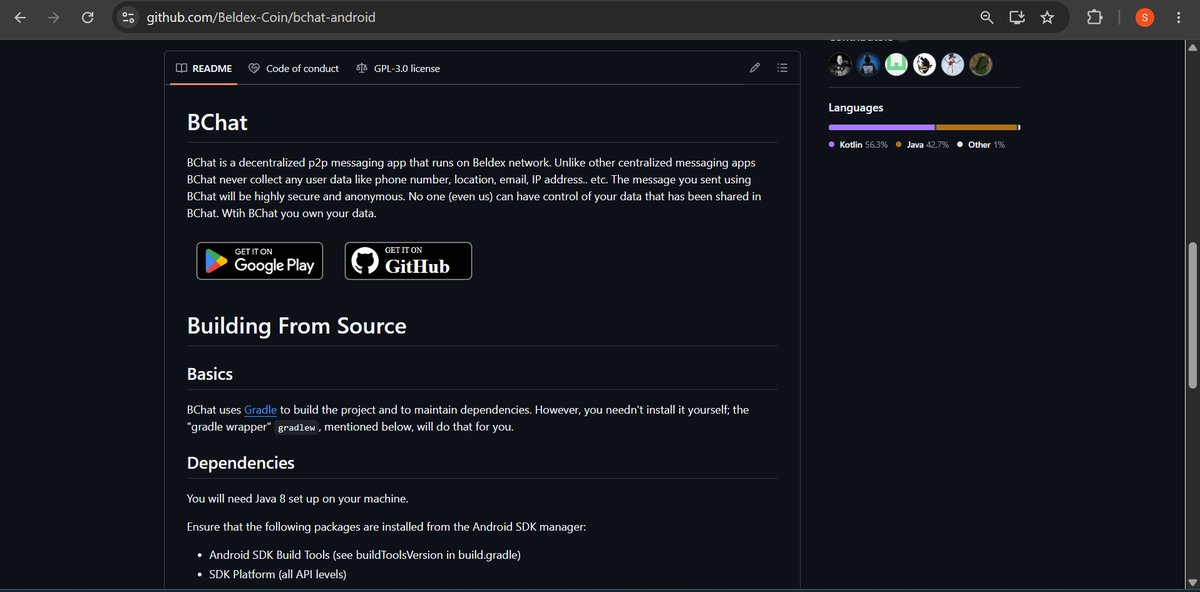 Screenshot of the BChat GitHub repository (github.com/Beldex-Coin/bchat-android) showing its README, which describes BChat as a decentralized p2p messaging app on the Beldex network, with sections on Building From Source and Dependencies (Java 8, Android SDK).