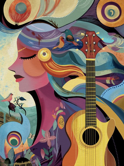 A colorful, abstract painting depicting a woman's profile with flowing hair alongside an acoustic guitar, birds, and swirling patterns.
