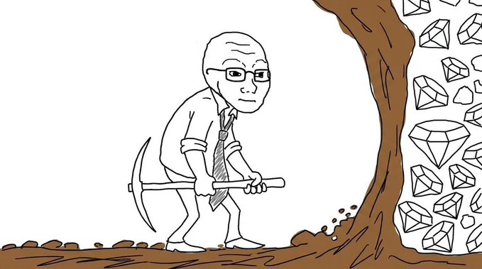 A cartoon illustration of a bald man with glasses wearing a shirt and tie, holding a pickaxe and mining for diamonds (depicted as large gemstones) inside an underground shaft.