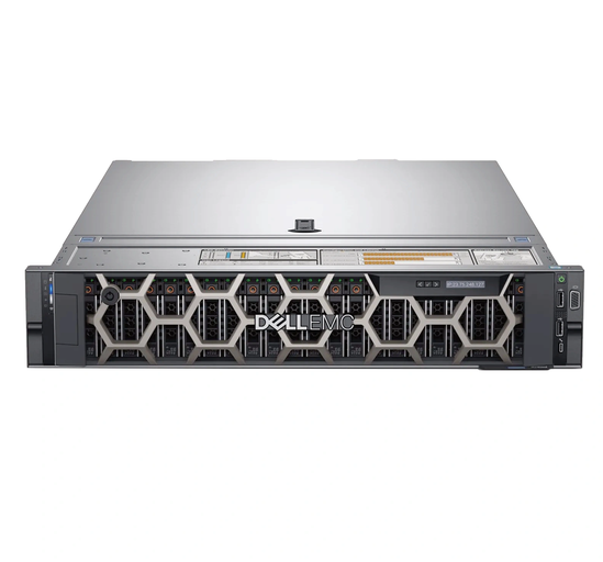 A silver and black Dell EMC rack server is displayed against a white background, with the 'DELL EMC' logo prominently visible on the front panel.