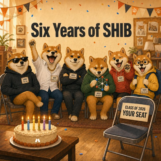 The image shows a celebratory illustration of seven Shiba Inu dogs sitting together in a decorated room, each wearing a hoodie labeled with years from 2020 to 2025, with a birthday cake in the foreground featuring lit candles and a banner reading "Six Years of SHIB," alongside an empty chair marked "Class of 2026 Your Seat." This visual represents the SHIB community's anniversary, inviting followers to share when they joined the Shiba Inu token's journey.