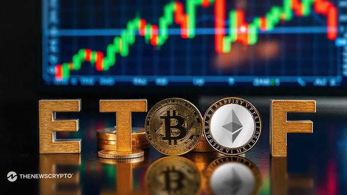 A crypto-themed image showing the letters 'ETF' spelled out in gold coins alongside Bitcoin and Ethereum physical tokens, with a stock chart in the background. Branded 'thenewscrypto'.
