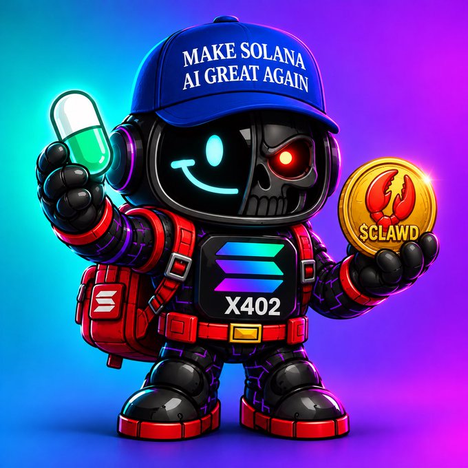 Colorful cartoon robot mascot wearing a cap reading “MAKE SOLANA AI GREAT AGAIN,” holding a pill and a gold coin labeled “$CLAWD,” with “X402” on its chest.