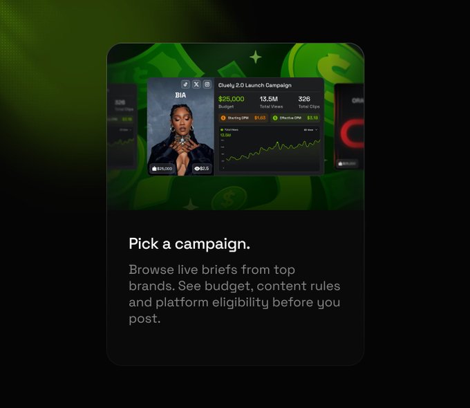 A dark-themed mobile interface card titled 'Pick a campaign', showing a 'Cluely 2.0 Launch Campaign' with details like $25,000 budget, 13.5M total views, and an image of a woman named 'BIA'.