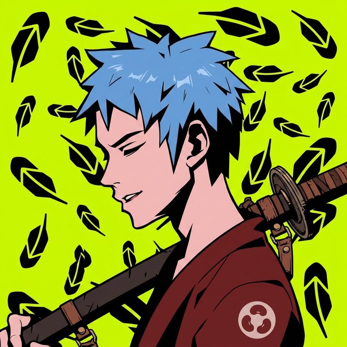 An anime-style illustration depicts a swordsman with spiky blue hair wearing a dark red kimono with a katana sheathed on his back, set against a neon green background with floating black feather or leaf shapes.