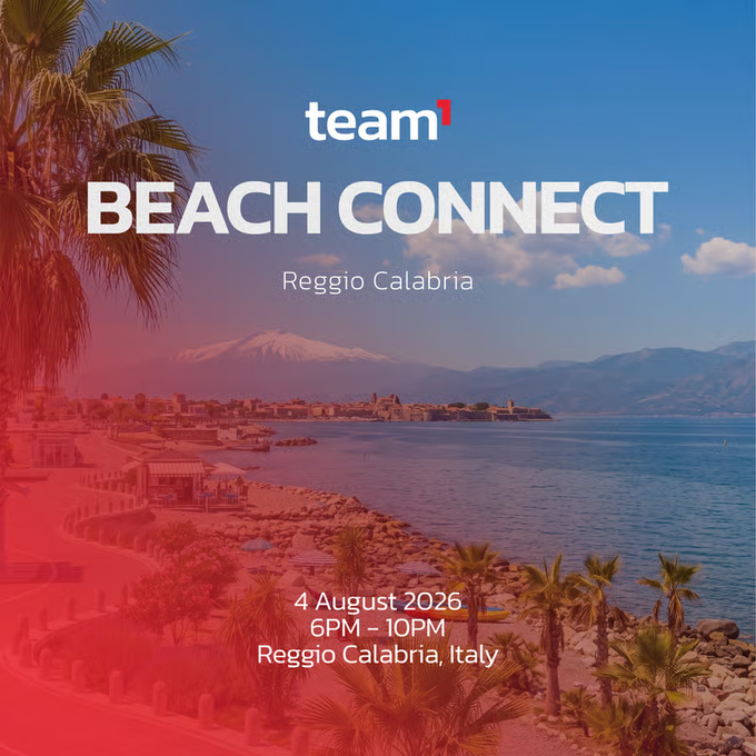 A promotional poster for 'team1 BEACH CONNECT' in Reggio Calabria, Italy, dated 4 August 2026 from 6PM–10PM, featuring a scenic coastal view with Mount Etna visible in the background.